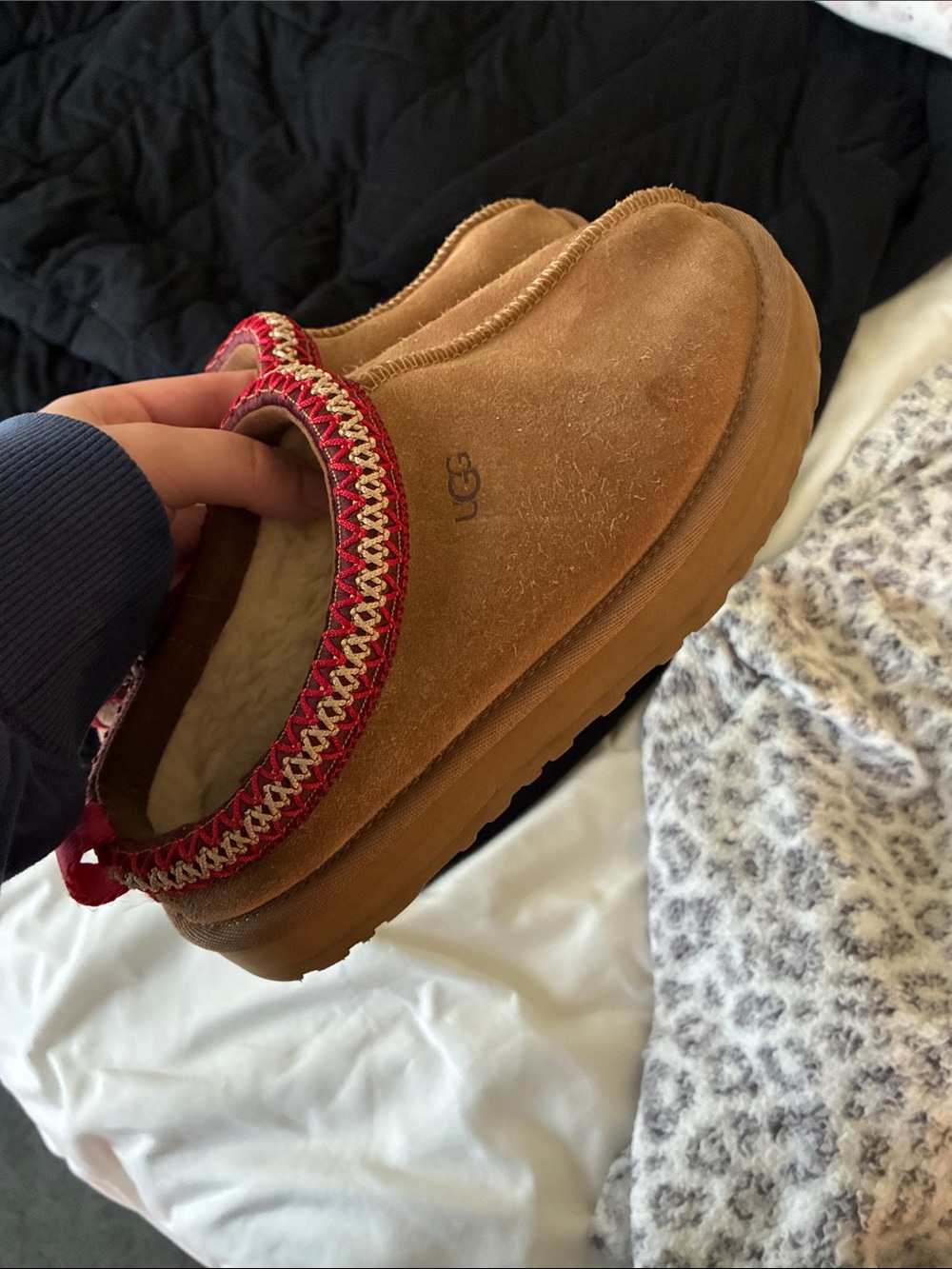 UGG Chestnut Suede Slip-On Clog with Red and Cream Trim
